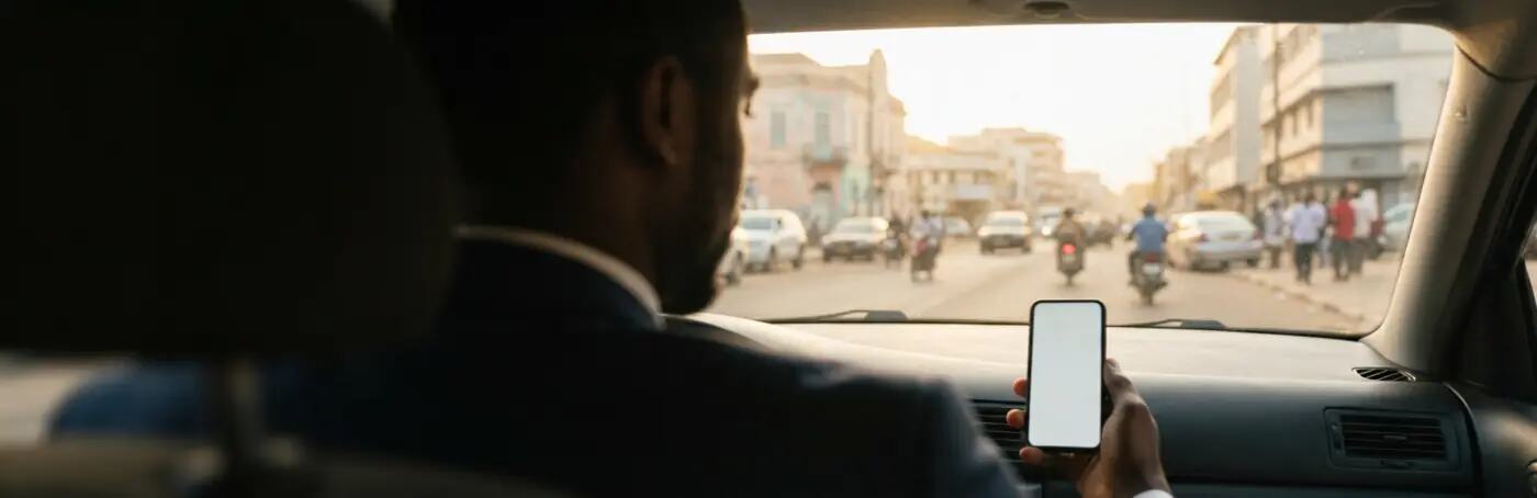 Vue depuis l'arrière d'un taxi en circulation, un passager consulte son téléphone
