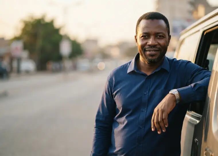 Portrait d'un chauffeur Siny accoudé à la portière de son véhicule