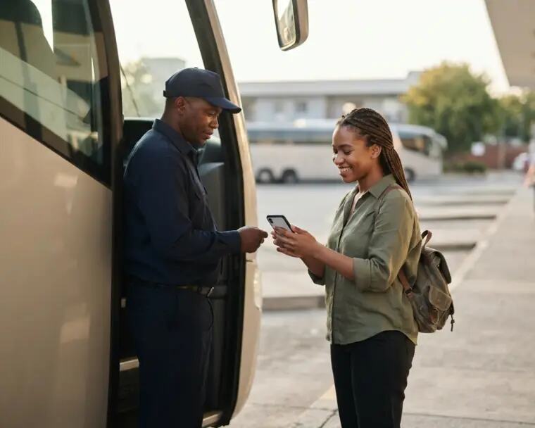 Une voyageuse présente son billet sur son téléphone au pied d'un autocar