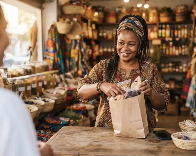 Une commerçante prépare une commande dans son échoppe