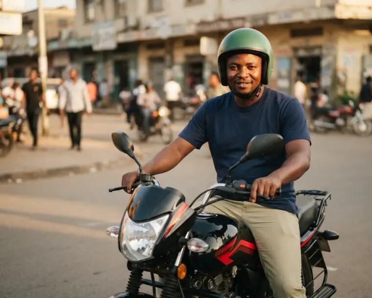 Un conducteur de moto-taxi à l'arrêt dans une rue commerçante